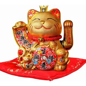 7.5Inch Golden Lucky Cat with Waving Gold Arm Operated Chinese Feng Shui Deoration Lucky Fortune Cat for Shops, Restaurants, Living Room Gift for Friends or Colleagues