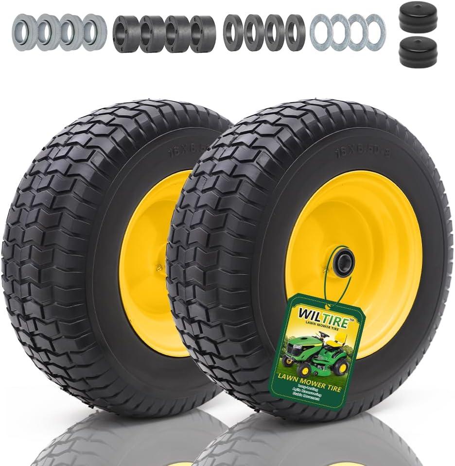 16x6.50-8 Tire and Wheel Assembly (2 Pack),Flat Free Lawn Mower Tires with Rim, Solid Rubber Riding Lawn Mower Tires and Wheels,3/4" Bearings (Extra 5/8" Bearings),3" Centered Hub(Yellow)