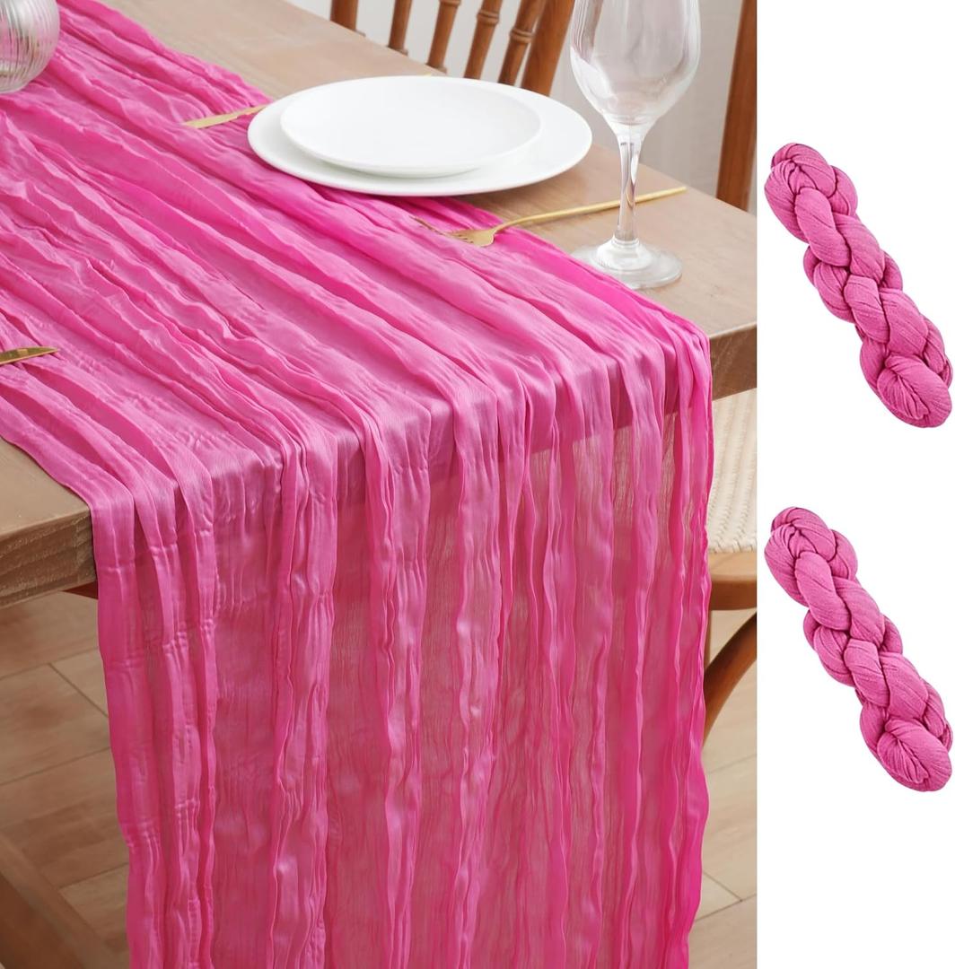 Asee'm 2pcs Cheesecloth Table Runner 120 Inches Long Fuchsia Boho Gauze Cheese Cloth Runner 10FT Rustic Sheer Table Runners for Christmas Wedding Party Baby Shower Spring Easter Decoration
