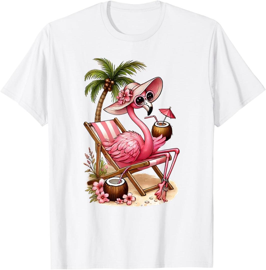 Women's Girls Pink Flamingo Beach Palm Tree Cute Flamingo T-Shirt XS