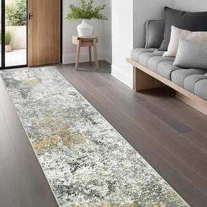 Modern Abstract Washable Runner Rugs - 2x8 Soft Long Rug Stain Resistant Non Slip Low Pile Accent Carpet for Indoor Entryway Hallway Kitchen Laundry - Grey/Black/Brown