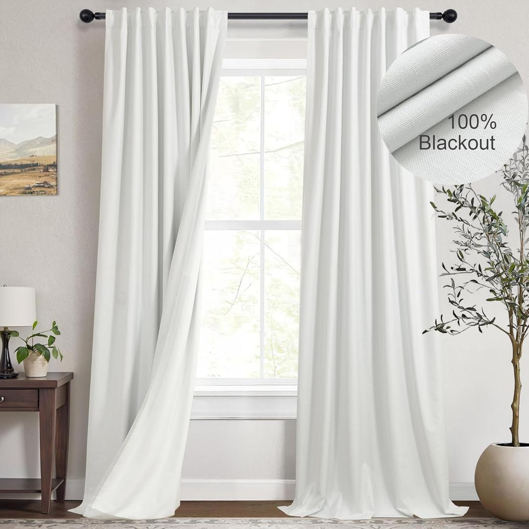 Ivory White Curtains 84 Inch Length 2 Panels for Living Room Curtain for Bedroom Window Total Blackout Off White Drapes 84 Long Boho Farmhouse Linen Black Out Thermal Insulated Curtain Back Tab Pocket