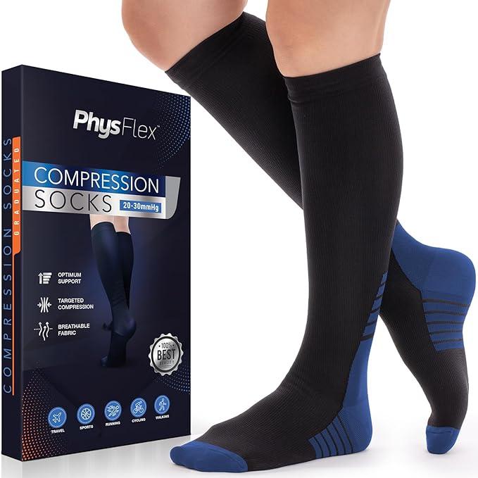 PhysFlex Compression Socks for Women and Men - Best Support for Running, Flying, Pregnancy - Knee High Graduated Compression Stockings (Blue, XX-Large) PhysFlex Compression Socks for Women and Men - Best Support for Running, Flying, Pregnancy - Knee High Graduated Compression Stockings (Blue, XX-Large)
