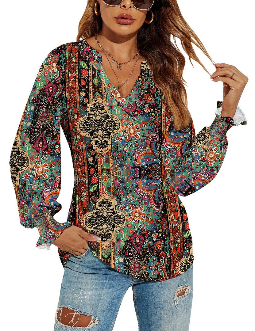 Romanstii Women V Neck Shirts Puff Sleeve Blouse Top Loose Clothes,Ethnic Print,XL (Red, XL)