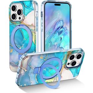 Lamcase for iPhone 14 Pro Case with Magnetic Invisible Ring Stand [Compatible with MagSafe], Full Body Rugged Slim Women Men Girl Shockproof Marble Pattern Design Case, Light Blue