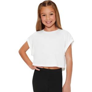 COZYEASE Girls' Solid Roll Up Sleeve Crop Tee Casual Round Neck Summer T Shirts