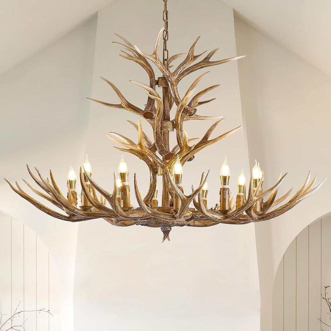 12 Light Antlers Chandelier,Large Deer Horn Light Fixture Rural Countryside Farmhouse Deer Horn Lighting for Log Cabin, Dining Room, Kitchen Island & Entryway(12 Lamp Arms), YY-8026-12