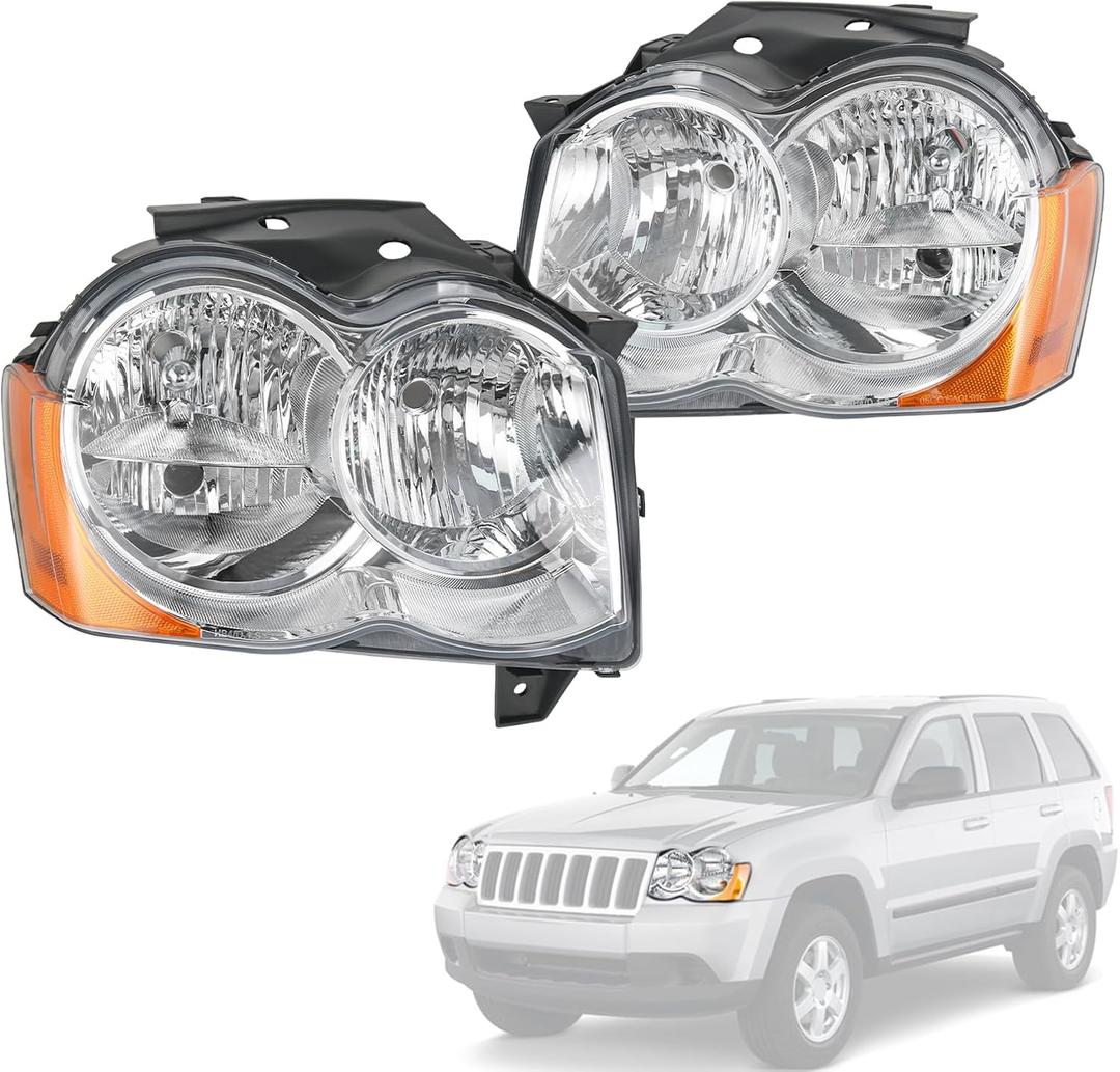 Headlights Assembly Replacement For Jeep Grand Cherokee 2008 2009 2010, Chrome With Amber Reflector