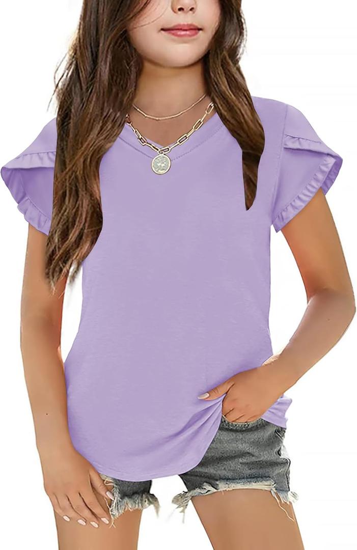 2 x Arshiner Girls T Shirts Double Layer Ruffle Short Sleeve Casual V Neck Kids Summer Tops Blouse Tee, 130 (Purple)