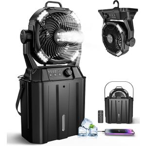 Misting Fan Portable for Outside, Camping Mister Cooling Fan for Outdoors Patios, Rechargeable Battery Operated Mist fans, 4 Spray Outlets, 3 Lights Modes, 4 Timer for Fishing/ Golf/ Garden/ Party/ Beach (Black)
