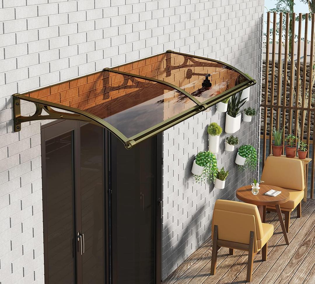 Window Door Awning Canopy UPF 50+, Aluminum Bracket Polycarbonate Board.Front Doors/Windows Overhang Awning for Sun Shutter, UV, Rain (Champagne, 40 Inch x 80 Inch) (40 Inch x 80 Inch, Champagne)