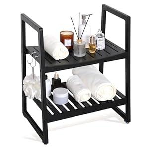 VVW 21.6 Inch Bamboo Shower Bench Seat Chair Stool with Arms for Inside Shower, Heavy Duty Spa Bath Chair with 2 Movable Hooks, Non-Slip Feet for Bathroom Accessories (Black)