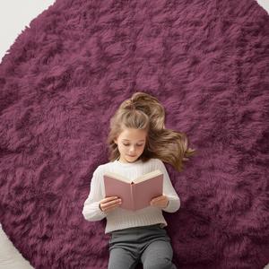 OLANLY Burgundy Round Rugs for Bedroom - Machine Washable, 6 ft Circle Area Rugs for Living Room, Soft and Fluffy Shaggy Carpet for Teen Girls and Boys, Nursery Rooms, Dorms, Home Decor Aesthetic