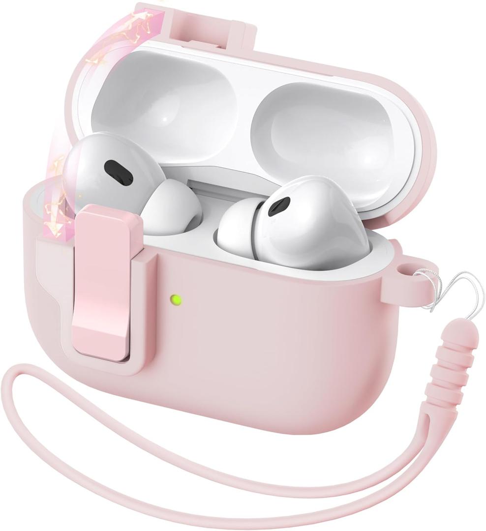 for AirPods Pro 2nd Generation Case Cover, Liquid Silicone Rubber Auto Pop-Up Military Grade Anti-Fall Soft Silicone for AirPods Pro with Keychain & Cleaning Kit, Front LED Visible, Lady Pink