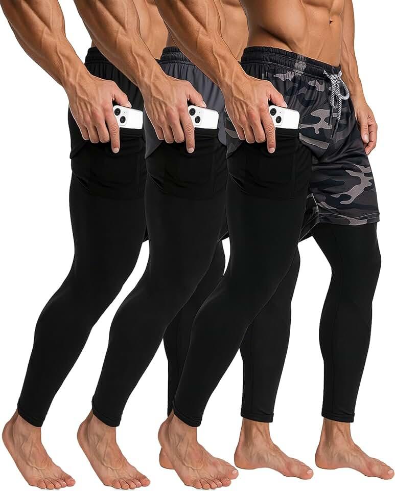 Cutecrop 3 Pcs Men's 2 in 1 Athletic Running Pants Quick Dry Gym Workout Compression Pants with Pockets Towel Loop,XL