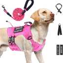 No Pull Tactical Dog Harness for Large Dogs, Escape Proof Molle Dog Vest Harness and Leash Set, Adjustable Military Service Dog Harness with Handle for Medium Large Dogs(Pink, L)