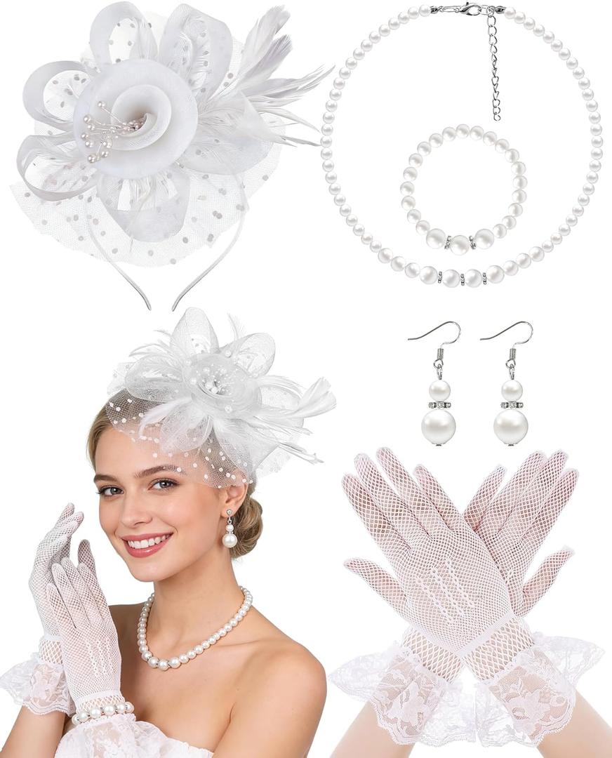 1920s Vintage Fascinators Hat Set for Women Tea Party Hats Veil Mesh Feather Headband Lace Gloves Set (White)