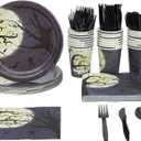 BLUE PANDA 144 Piece Halloween Dinnerware Set, Full Moon Night Sky Halloween Party Plates and Cups and Napkins Set for Spooky Gatherings and Witch Theme Parties (Serves 24) - Plate