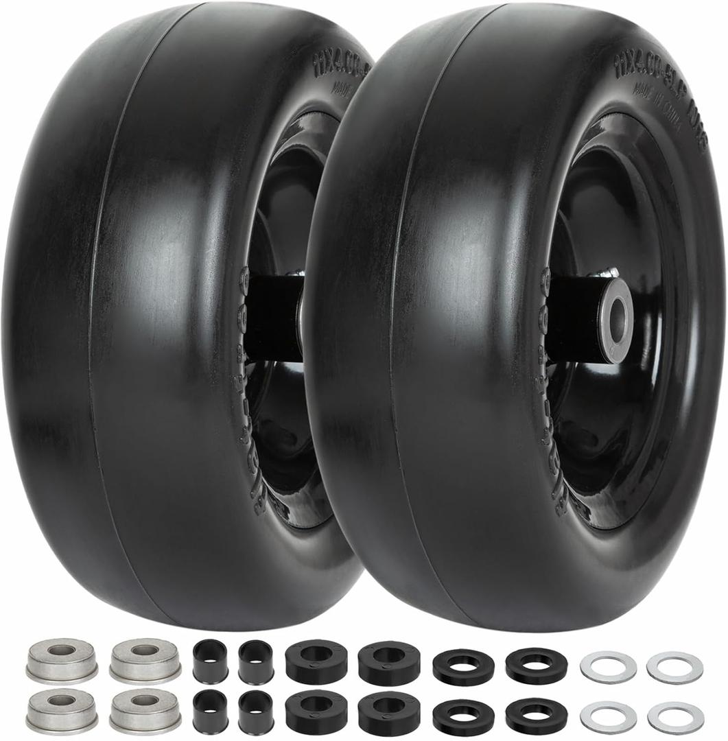 WEIZE Universal Fit 11x4.00-5 Flat Free Tire and Wheel Assembly, Zero Turn Lawn Mower Replacement Tires, 3.4"-4"-4.5"-5" Centered Hub, 3/4" or 5/8" or 1/2"Bushings, Adapter Kit included, Set of 2 (Black)
