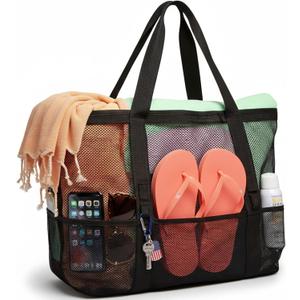 F-color Mesh Beach Bag Family - Large Tote Bag for Cruise Pool Toys Beach Vacation Essentials (Black)