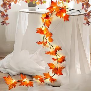 6.56FT Lighted Fall Garland with Lights 24 Warm White LED Battery Operated with Time Maple Leaf Vine Garland Lights Wreath for Mantle Fireplace Door Home Thanksgiving Harvest Decoration Indoor Outdoor