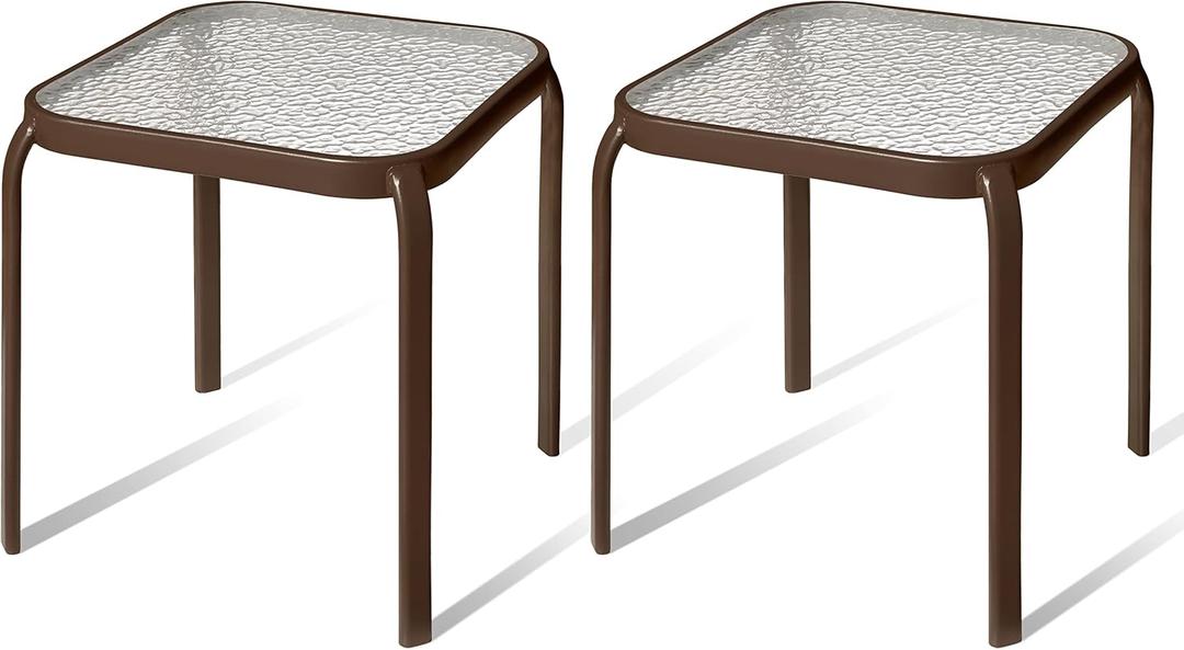 Bronze Metal Outdoor Side Table with Tempered Glass Top Set of 2 – Elegant Small 16" Square Patio Table – Durable Weather-Resistant Coffee Bistro Accent End Table for Outside and Garden