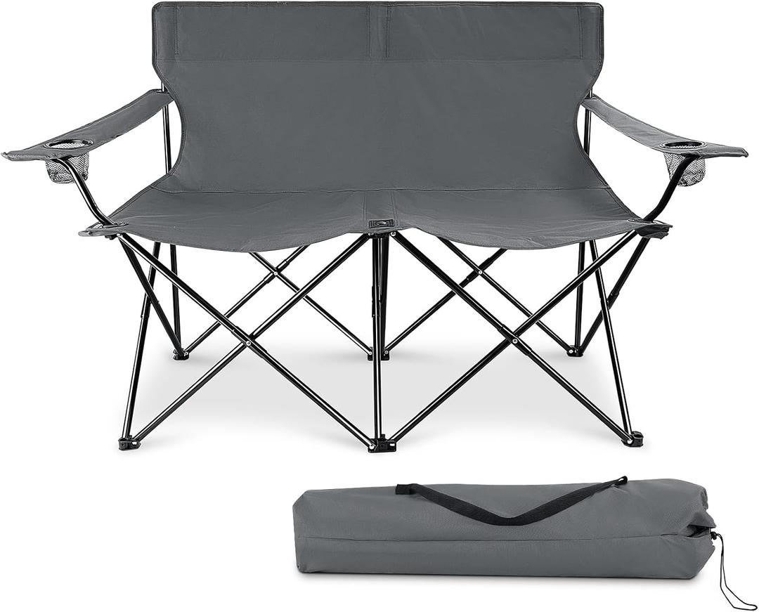 Joyfair Camping Beach Chair (Double-seat), Folding Camp Loveseat for Adults, Heavy Duty Portable Lawn Chair Fold Couch for Outdoor Sports Backpacking, Carrying Bag & Cup Holders (Grey)