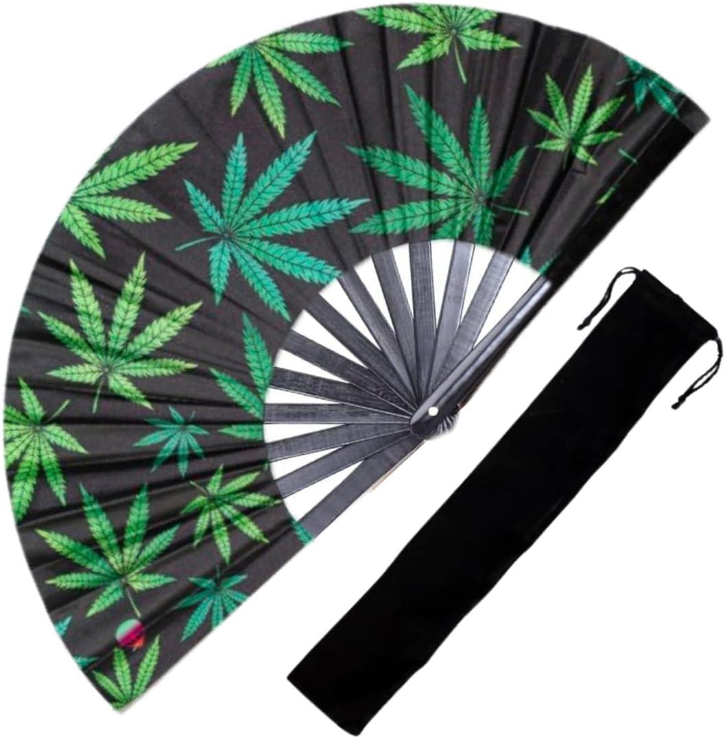Decorative Rave Hand Fan  Large Folding Fans for Festivals, Drag Queen & Burlesque  Cute Holographic Rave Accessories for Women and Men (The Leaf)