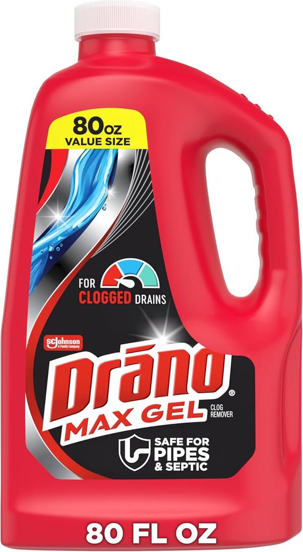Drano Max Gel Drain Clog Remover & Cleaner, Fast-Acting to Unclog Standing Water & Remove Hair, Grease & Food Blockages, Safe for all Pipes & Septic, Kitchen Sinks, Bathroom Showers & Tubs, 80 Oz (80 Fl Oz (Pack of 1))