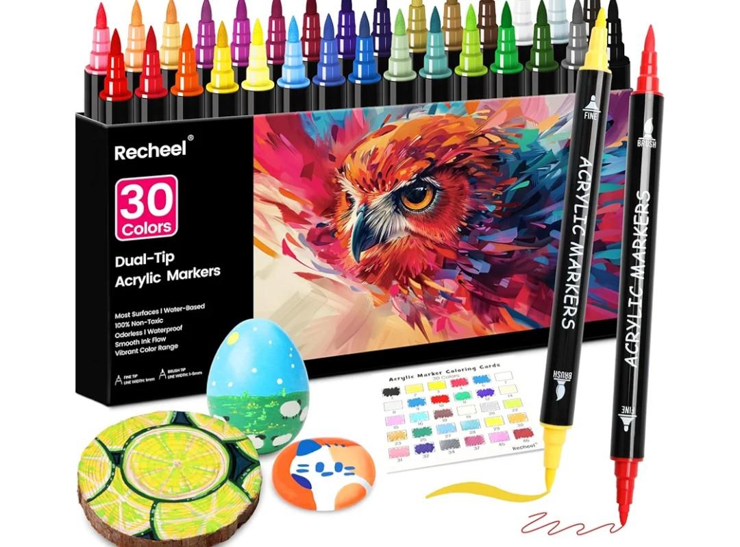 30 Colors Acrylic Paint Markers, Dual Tip Fine and Brush Tips for Detailed Art, Crafting, Rock Painting, Wood, Glass, Ceramic, and More