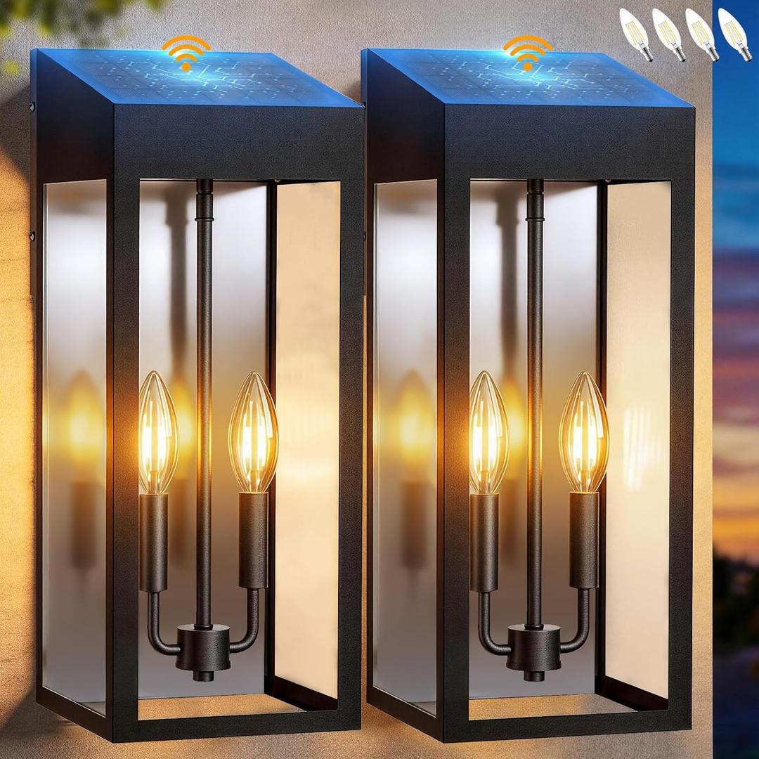 20 Extra Large Outdoor Solar Lanterns Dusk to Dawn Black 2 Pack | Solar Wall Lights Outdoor Wall Mount, IP65 Waterproof, Solar Garage Porch Lights with Tempered Glass, Included E12 Bulbs4