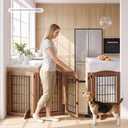 HOOBRO 4 Panels Dog Gate Indoor with Door, 32.7'' Tall Freestanding Pet Gate with 2 Support Feet, Foldable Dog Fence for Doorways, Stairs, Wooden Pet Puppy Safety Fence, Walnut BH86PP03N1