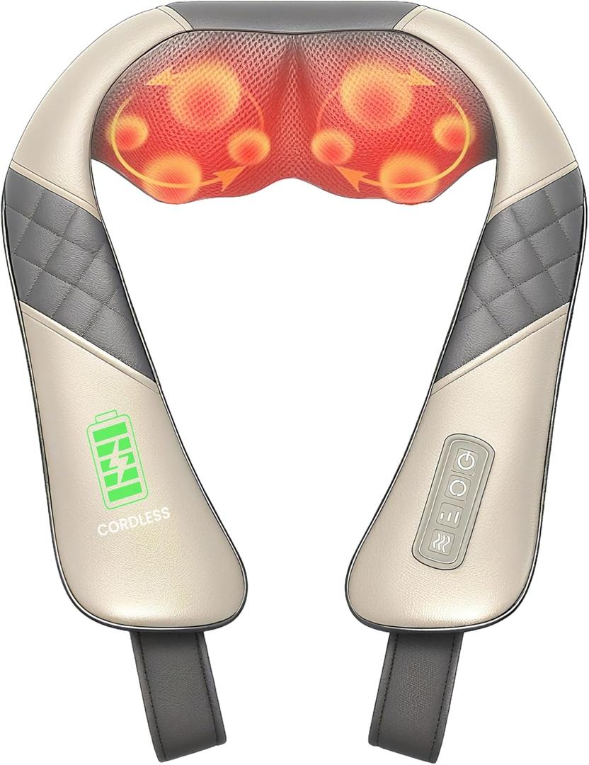 Cordless Neck Massager with Heat, Deep Kneading Neck Shoulder Massager for Pain, Shiatsu Back Massager Pillow, Gifts for Men, Women (Beige)