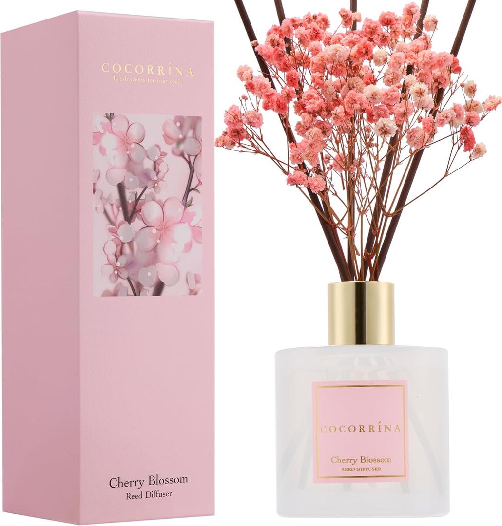 COCORRNA Reed Diffuser - Cherry Blossom 6.7 Fl.oz Reed Diffuser Set with Sticks & Preserved Baby's Breath, Reed Diffuser for Home Bathroom Shelf Decor