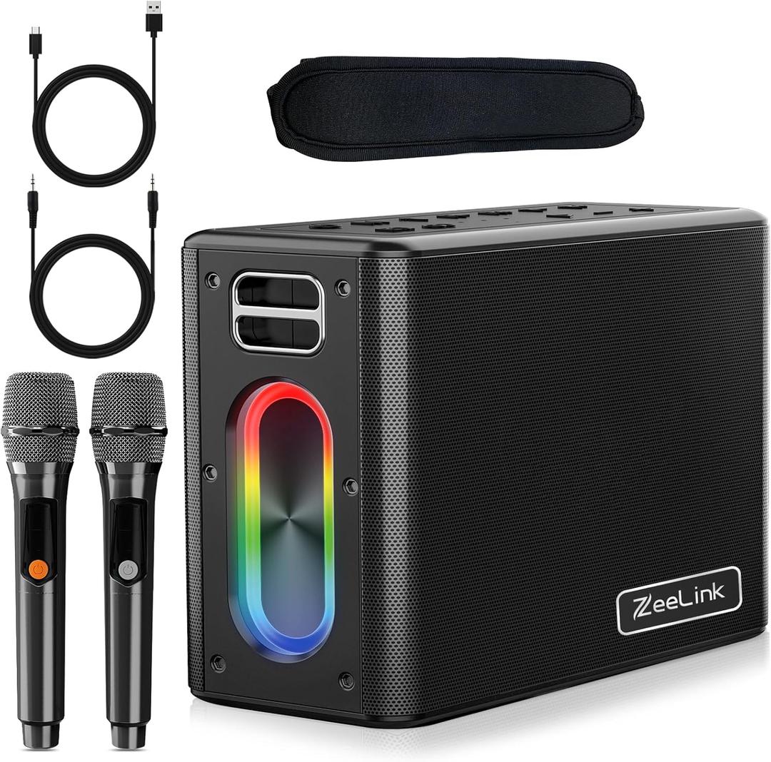 Zeelink Karaoke Machine with Two Wireless Microphones, 150W Powerful Portable Bluetooth Speaker for Party, 24 hour playtime with 15000mAH high-capacity Battery, LED Lights, Supports TWS/REC/AUX/USB/TF
