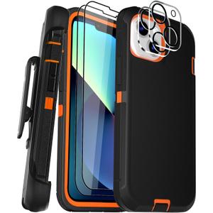 Case for iPhone 13 6.1" Case with Belt Clip Holster Kickstand, 2 Screen Protector & 2 Camera Lens Protector, Heavy Duty Full Body Protection Phone Case(Belt Clip,Black+Orange)
