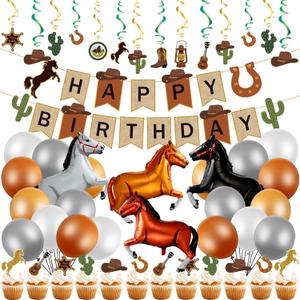 Zhanmai 60 Pcs Cowboy Birthday Party Decoration, Western Themed Party Decorations Horse Balloons Happy Birthday Banner Cake Topper Hanging Swirls Brown White Latex Balloons for Western Rodeo Party