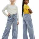 Girls Straight Leg Bootcut Ripped Baggy Jeans for 8-12 Y Old - Adjustable Stretch Waist Pull Up 5 Pockets Washed Denim Pants