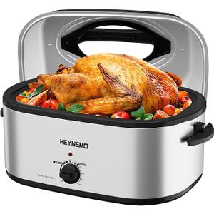 26 Quart Electric Roaster Oven with Visible & Self-Basting Lid, Large Turkey Roaster with Defrost Warm Function, Adjustable Temperature, Removable Pan Rack, Stainless Steel, Silver