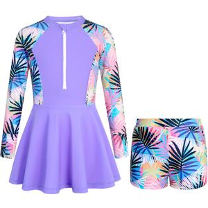 HOZIY Girls Long Sleeve Swimsuit Two Piece Rash Guard Dress with Swim Shorts Front Zip for Kids Tween Teens UPF 50+, 9-10Y