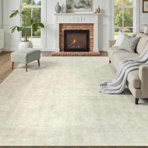 DCX 8x10 Beige Rug, Kid & Pet Friendly with Rubber Back Non Slip, Machine Washable Stain Resistant Neutral Floral Rug for Living Room, Bedroom, Home Office, Soft Low Pile Large Nursery Carpet