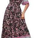 PRETTYGARDEN Women's Casual Summer Boho Floral Print Dress V Neck Short Sleeve High Waist Long Maxi Beach Dresses (S)