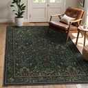 GENIMO 5x7 Washable Area Rugs for Living Room, Non Slip, Dark Green | Vintage Boho Floral Low Pile Thin Carpet for Bedroom, Dining Room, Nursery, Indoor Decor