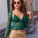 Avidlove Women's Sheer Mesh Long Sleeve Crop Top Slim Fit Shirt Sexy Bralette and Lace Top Set (Green, L)
