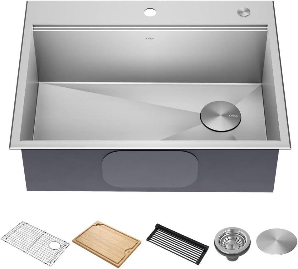 KRAUS Kore 28-Inch Drop In/Top Mount Workstation 16 Gauge Single Bowl Stainless Steel Kitchen Sink with Accessories, KWT310-28, 28 x 22 Inch