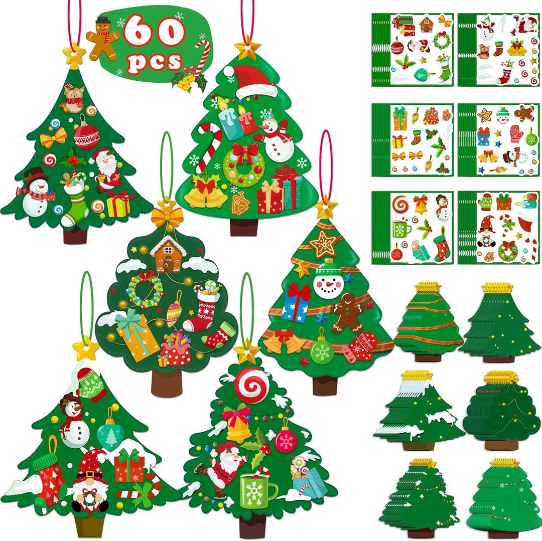 80UncleKimby 60pcs Christmas Crafts for Kids - DIY Xmas Tree Ornaments with Sticker Kits - Set for Holiday Decorations, Party Favors, and Classroom Activities
