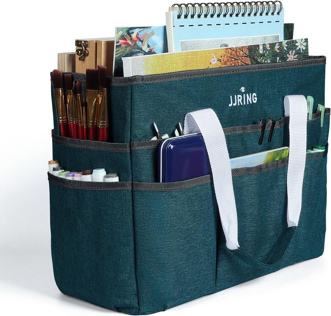 JJRING Craft Organizer Tote Bag, Large Art Storage Caddy with Multiple Pockets, Bluish Green Sewing Bag for Art, Craft, Scrapbooking, School, Medical, and Office Supplies Storage
