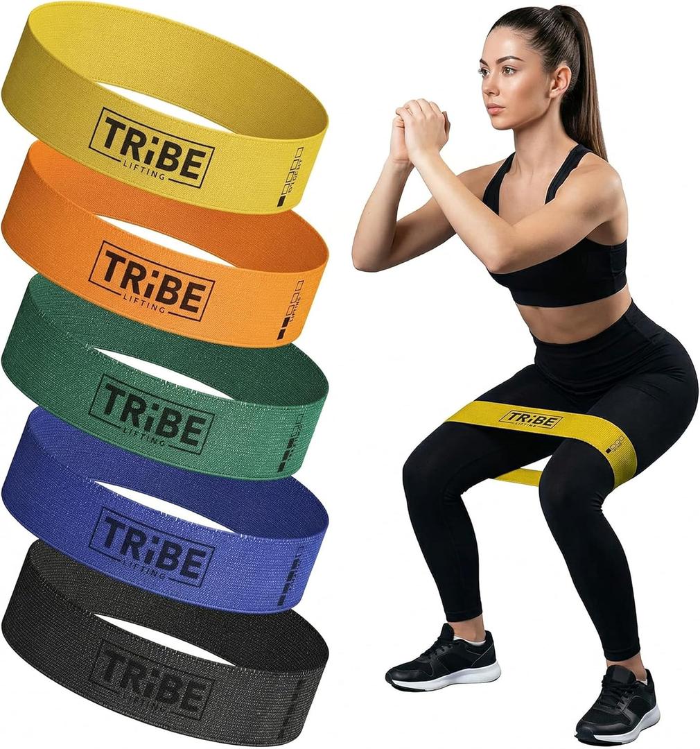 Tribe Lifting Fabric Resistance Bands for Working Out - 5 Exercise Bands Set for Legs and Glutes - Booty Bands for Women and Men - Thick Cloth Workout Bands for Physical Therapy, Hip Training (Multicolor)