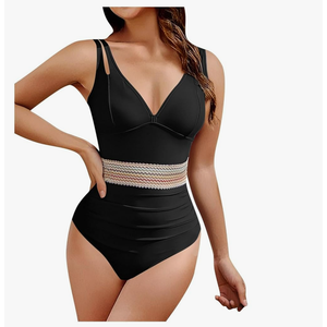 One Piece Swimsuit Women High Waisted Bathing Suit V Neck Color Block Swim Suits for Women 2025 Summer Sexy Swimwear, L