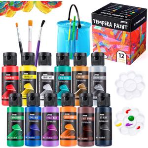 JOYIN 12PCS Washable Kids Tempera Paint Set (2 oz Each), 6 Brushes, 2 Palette & 1 Stretchable Washing Bucket, Non-Toxic Kids Liquid Paint for Arts and Crafts Project, Finger Painting, Hobby Painters